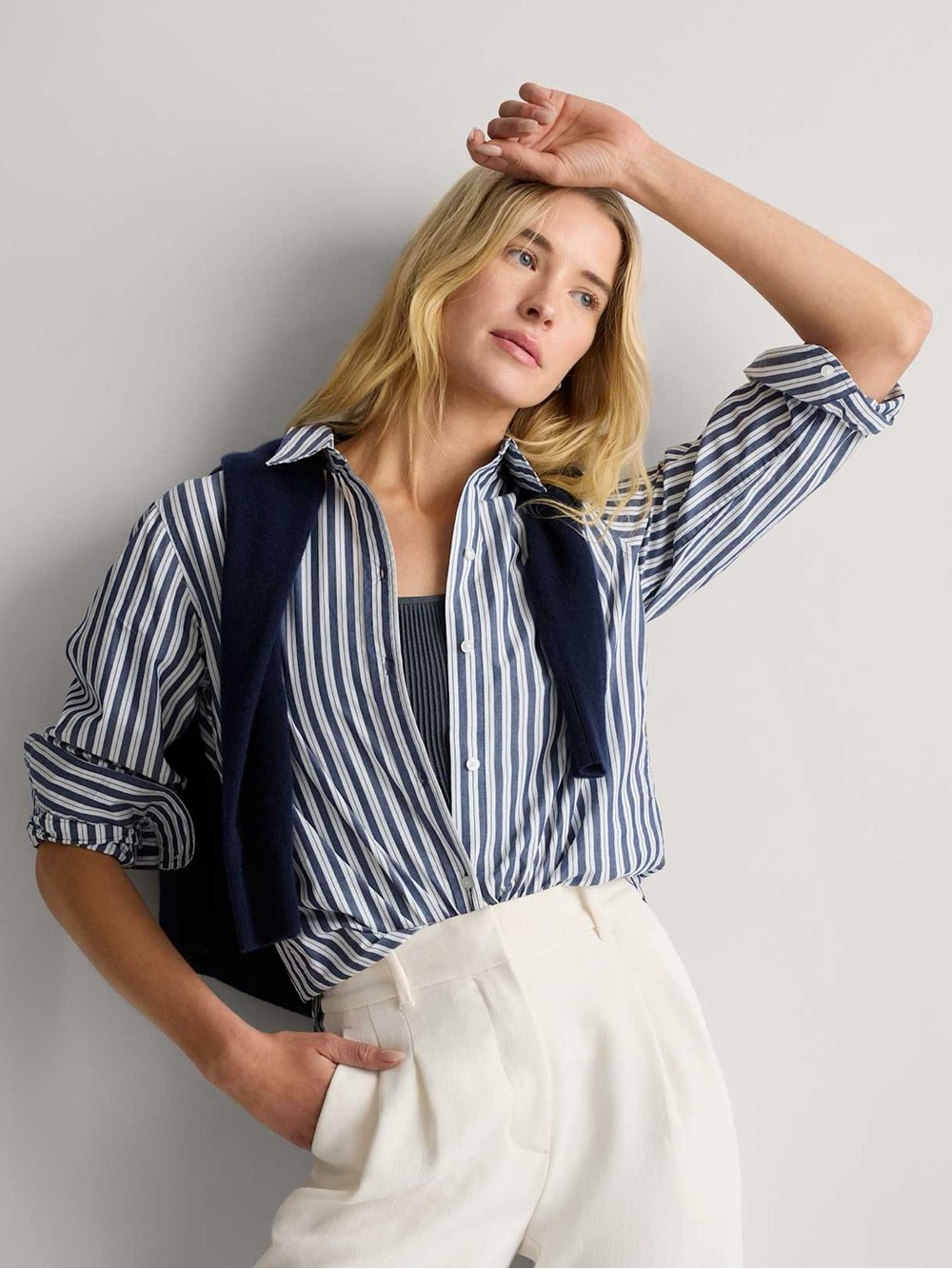 Quince 100% Organic Cotton Poplin Long Sleeve Shirt in Hudson Stripe - M